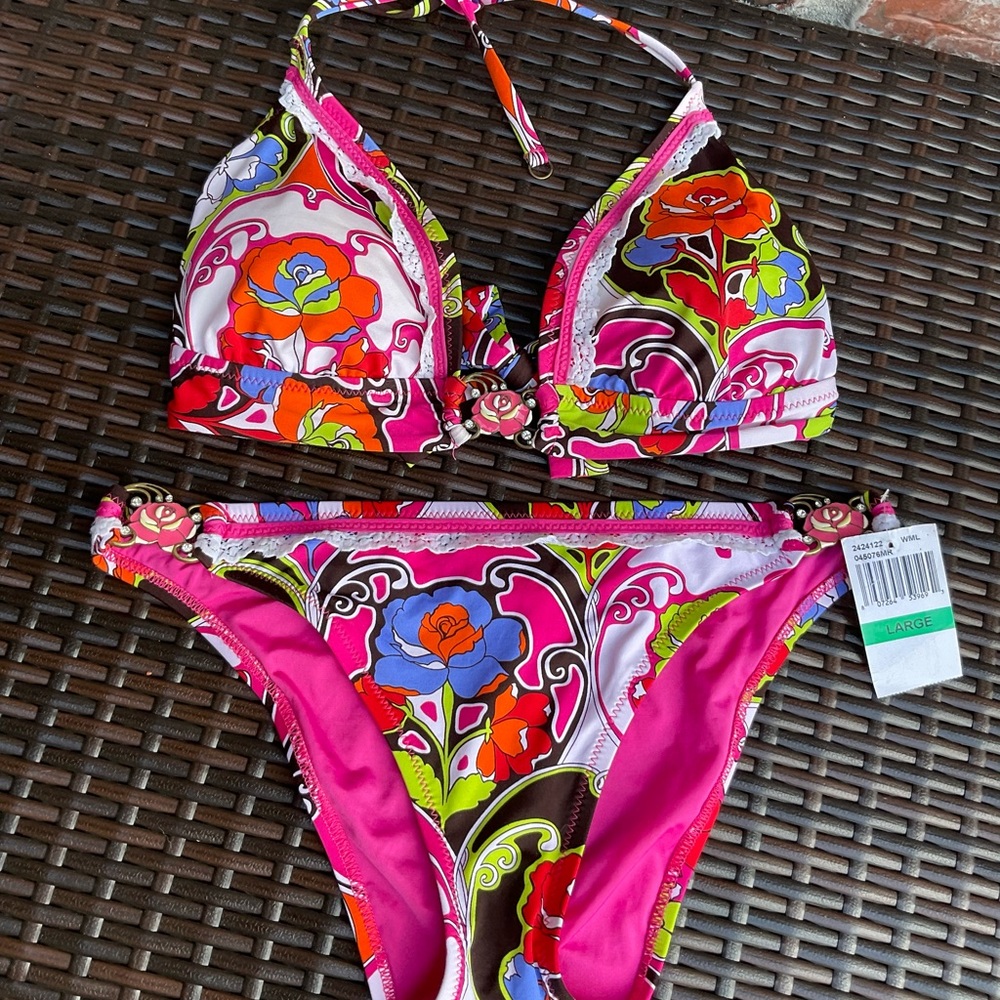Gorgeous Rhinestone Betsey Johnson Deco Rose Bikini Y2K 2000 sz. D Cup L bottoms